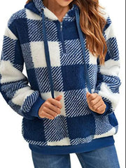 Full Size Plaid Sherpa Drawstring Hoodie Plus Size