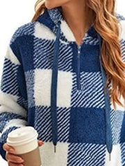 Full Size Plaid Sherpa Drawstring Hoodie Plus Size