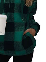 Full Size Plaid Sherpa Drawstring Hoodie Plus Size