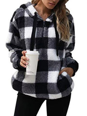 Full Size Plaid Sherpa Drawstring Hoodie Plus Size Black / S
