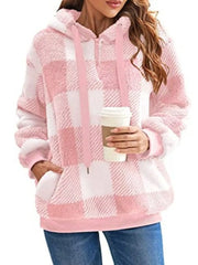 Full Size Plaid Sherpa Drawstring Hoodie Plus Size Pink / S