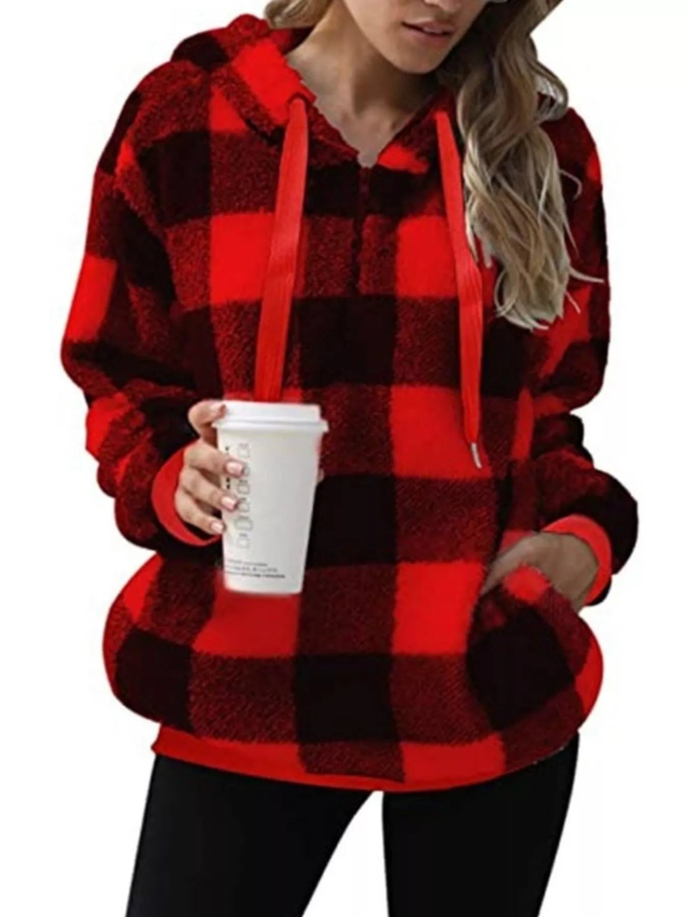 Full Size Plaid Sherpa Drawstring Hoodie Plus Size Red / S