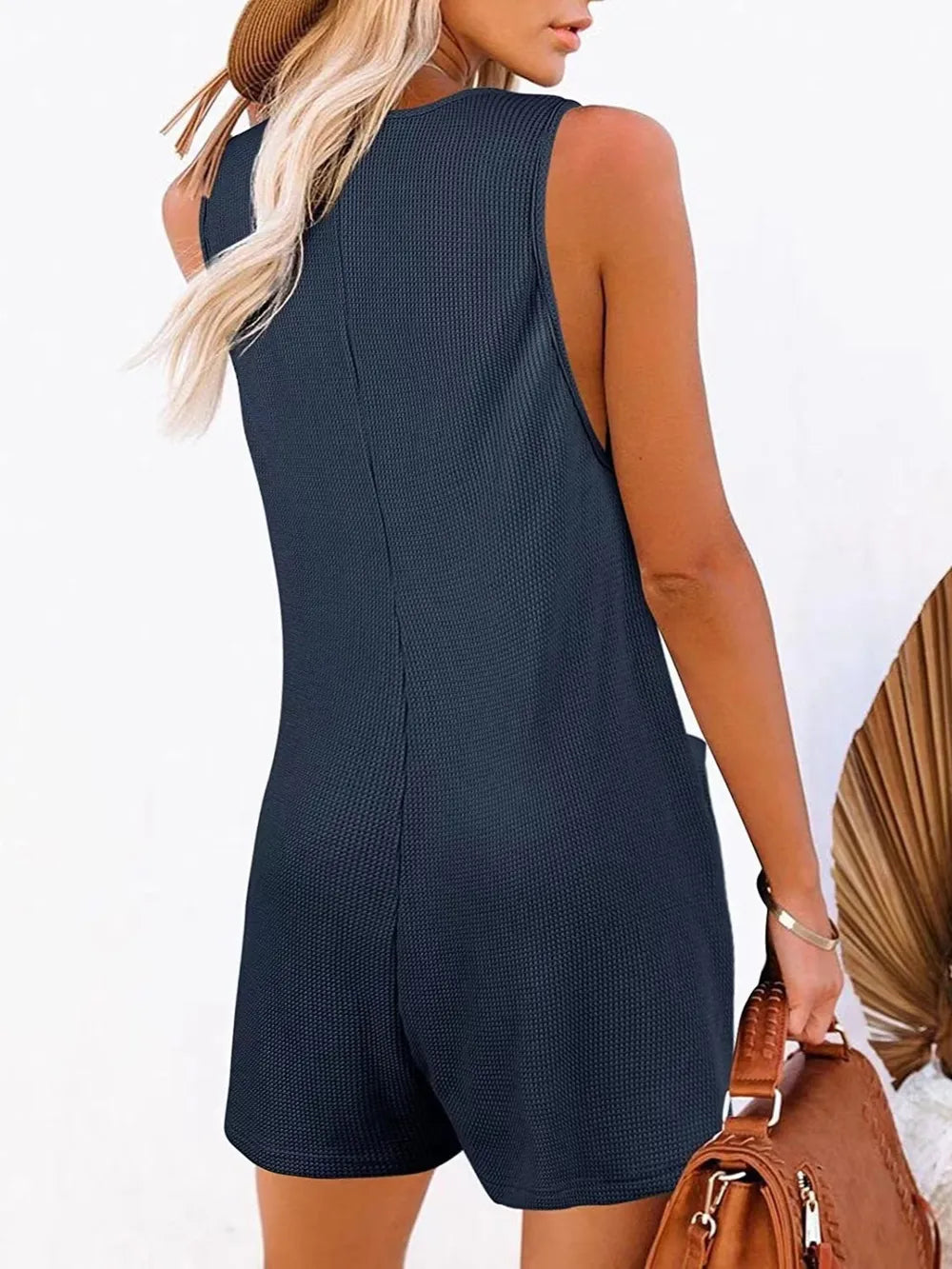 Full Size Pocketed Scoop Neck Sleeveless Romper Dark Blue / S
