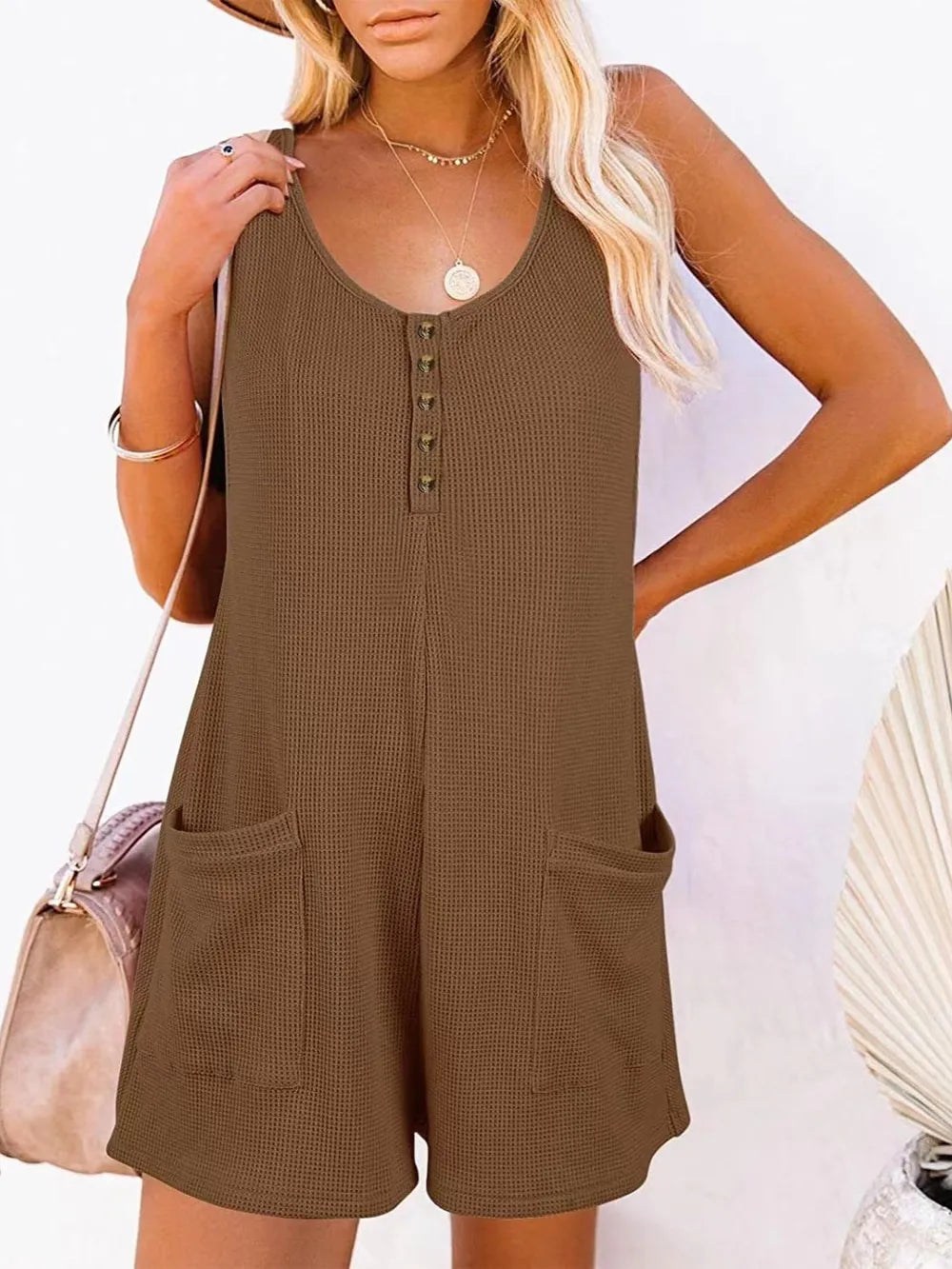 Full Size Pocketed Scoop Neck Sleeveless Romper Mocha / S