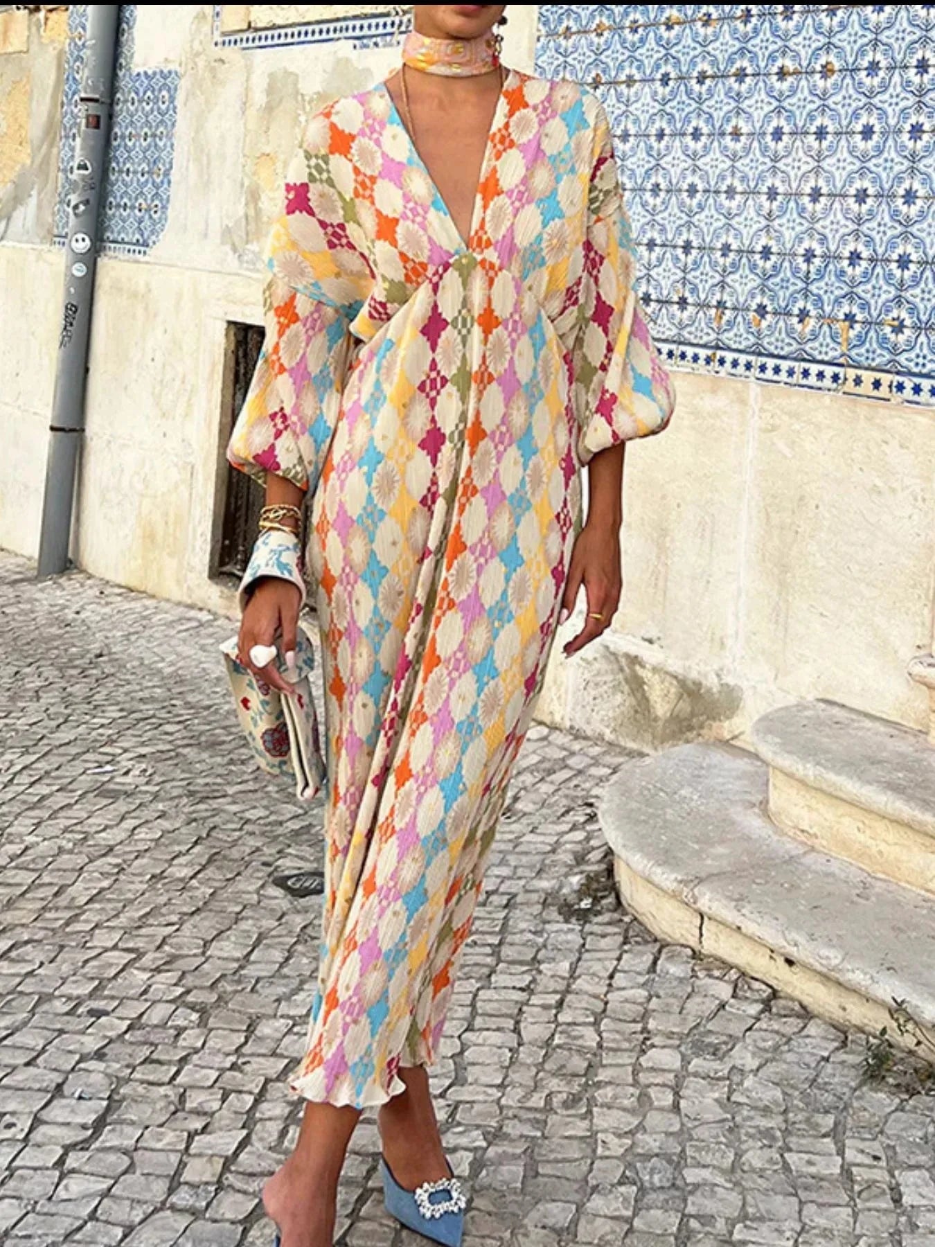 Full Size Printed Deep V-Neck Dress Plus Size Multicolor / S