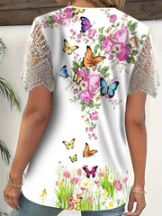 Full Size Printed Lace Sleeve V-Neck T-Shirt Plus Size