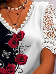 Full Size Printed Lace Sleeve V-Neck T-Shirt Plus Size