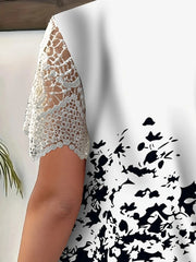 Full Size Printed Lace Sleeve V-Neck T-Shirt Plus Size