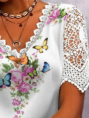 Full Size Printed Lace Sleeve V-Neck T-Shirt Plus Size
