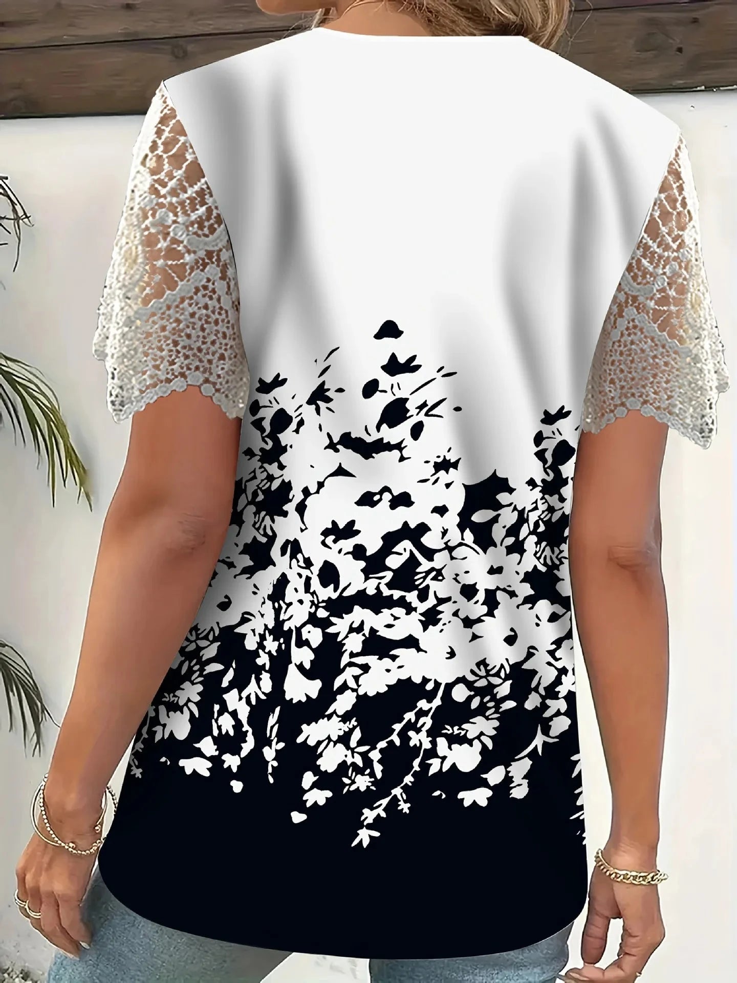 Full Size Printed Lace Sleeve V-Neck T-Shirt Plus Size