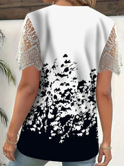 Full Size Printed Lace Sleeve V-Neck T-Shirt Plus Size