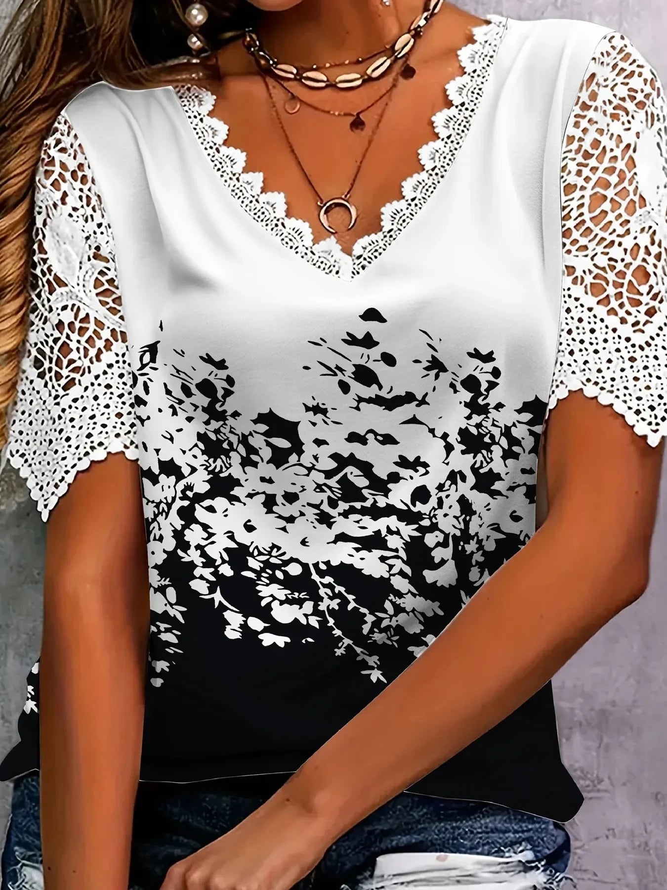 Full Size Printed Lace Sleeve V-Neck T-Shirt Plus Size Black / S
