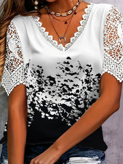 Full Size Printed Lace Sleeve V-Neck T-Shirt Plus Size Black / S