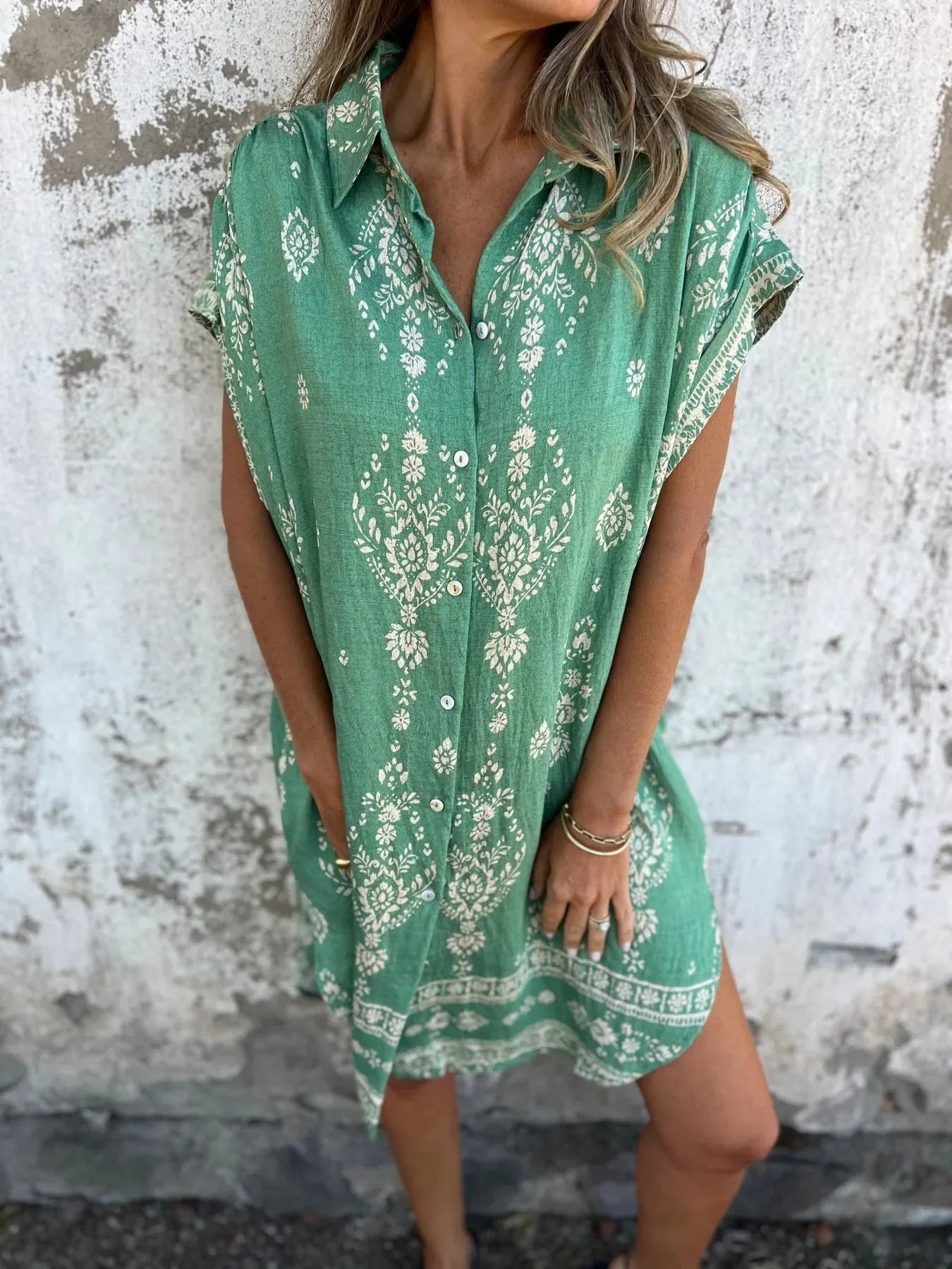 Full Size Printed Short Sleeve Button-Up Shirt Dress Plus Size