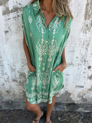 Full Size Printed Short Sleeve Button-Up Shirt Dress Plus Size Green / S