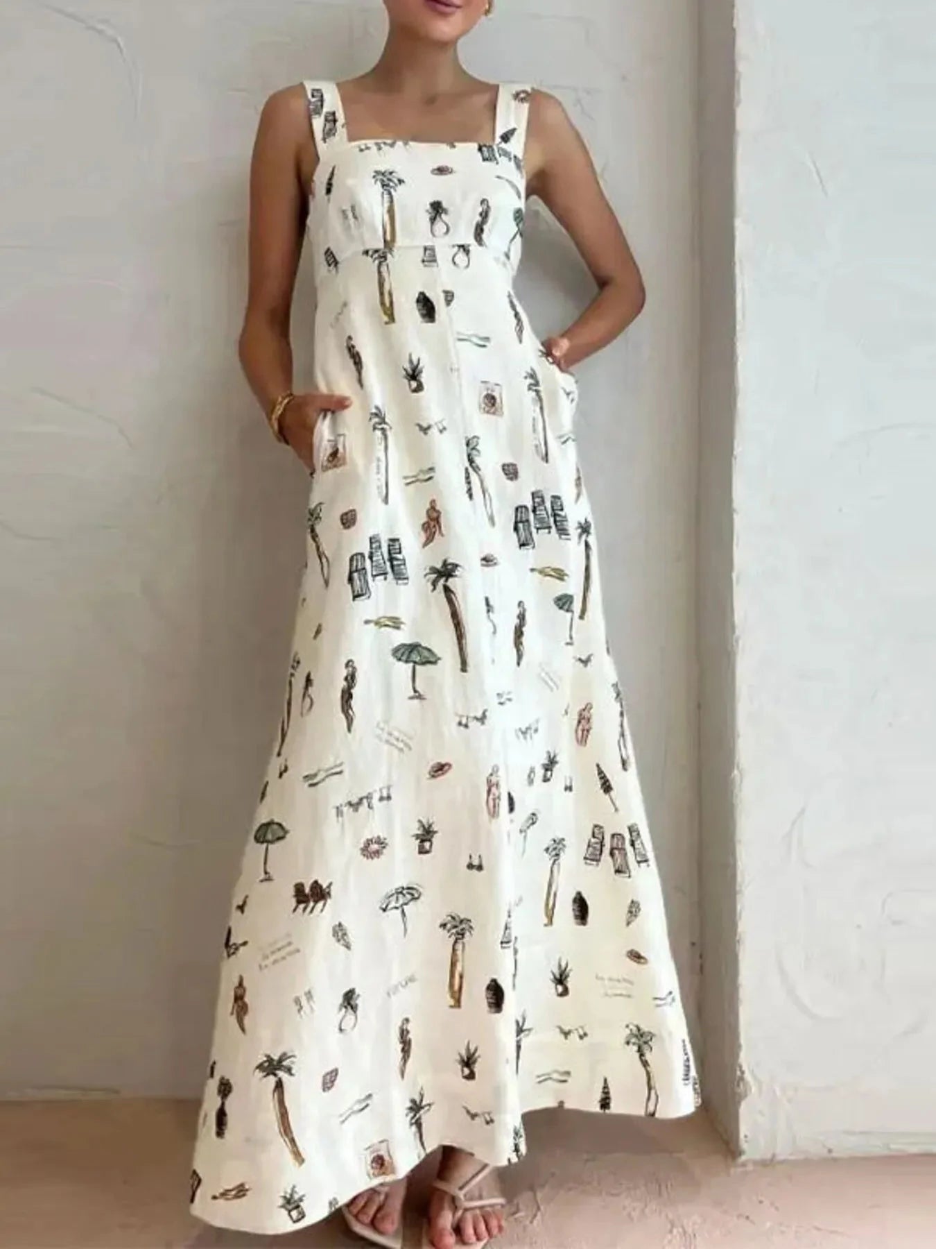 Full Size Printed Square Neck Tie Back Maxi Dress Plus Size White / S