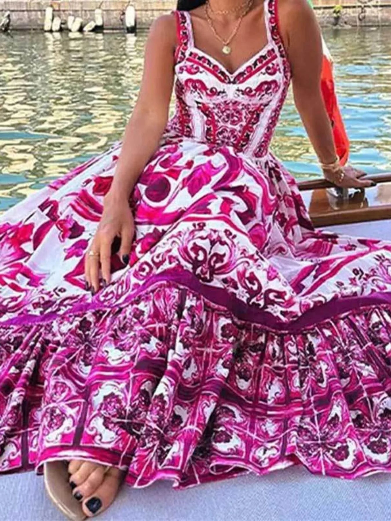 Full Size Printed Sweetheart Neck Maxi Cami Dress Plus Size