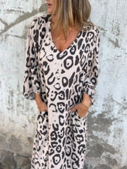 Full Size Printed V-Neck Dress with Pockets Plus Size