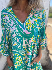 Full Size Printed V-Neck Dress with Pockets Plus Size