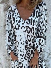 Full Size Printed V-Neck Dress with Pockets Plus Size