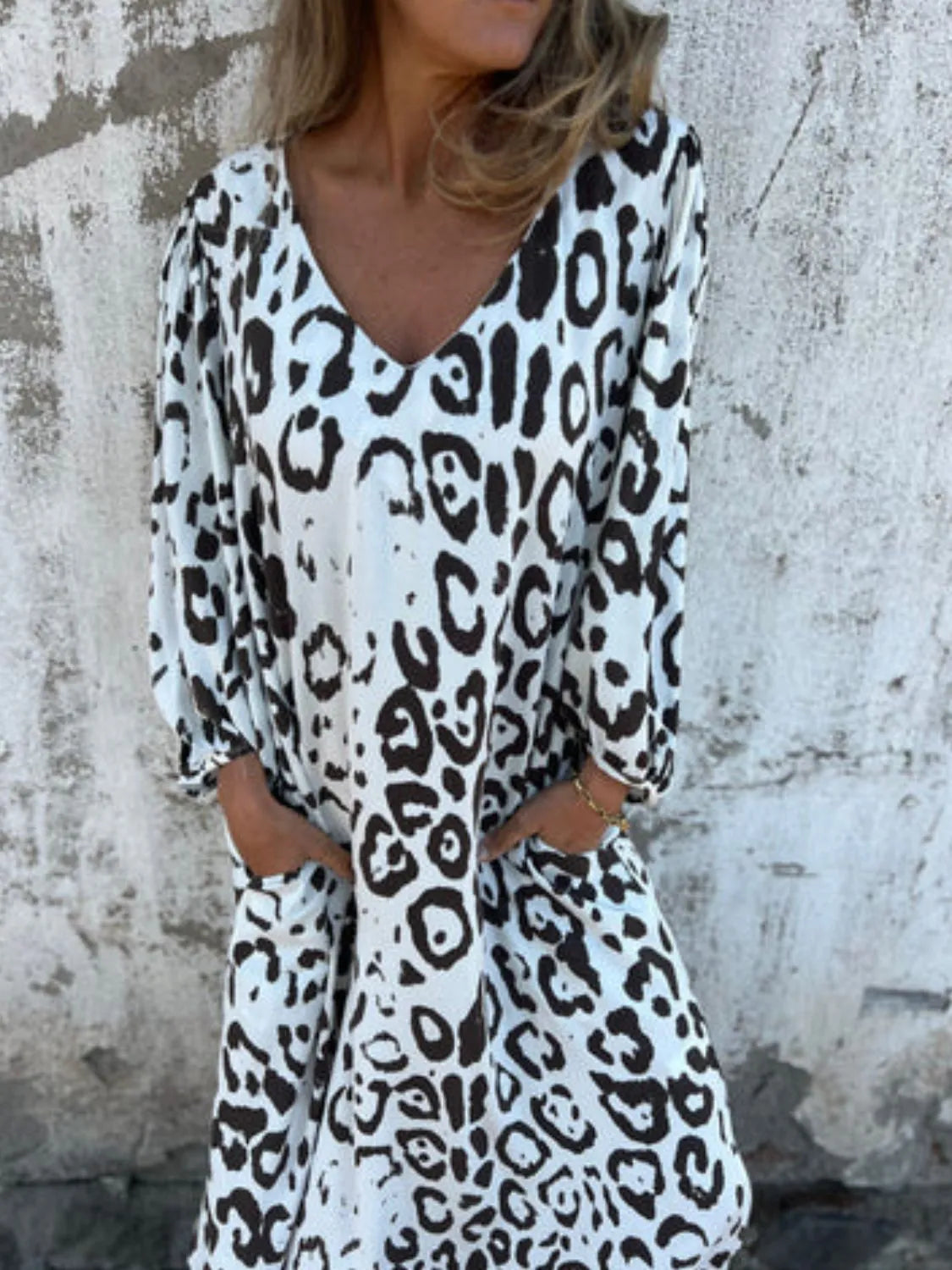 Full Size Printed V-Neck Dress with Pockets Plus Size