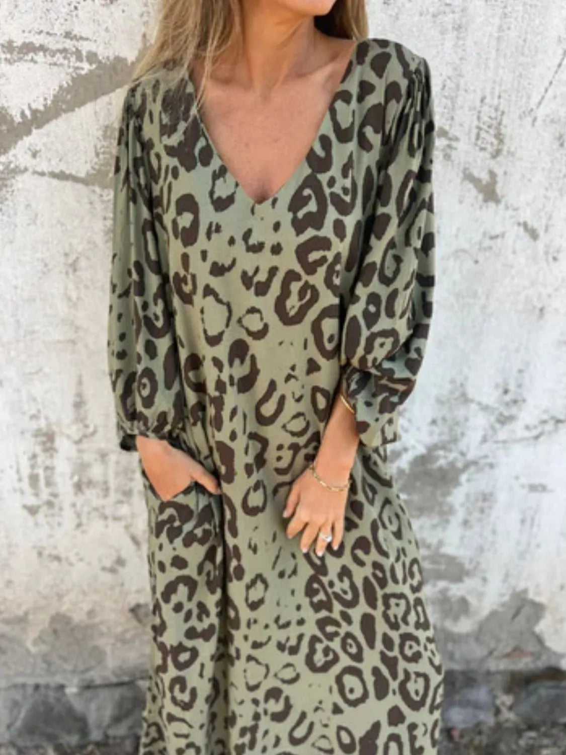 Full Size Printed V-Neck Dress with Pockets Plus Size