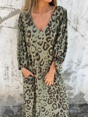 Full Size Printed V-Neck Dress with Pockets Plus Size