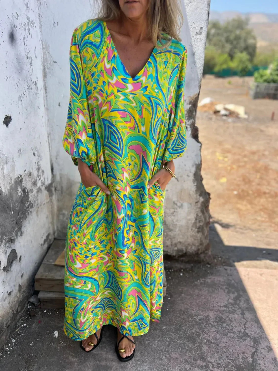 Full Size Printed V-Neck Dress with Pockets Plus Size Lime / S