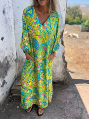 Full Size Printed V-Neck Dress with Pockets Plus Size Lime / S