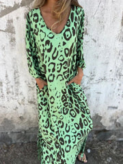 Full Size Printed V-Neck Dress with Pockets Plus Size Neon Green / S