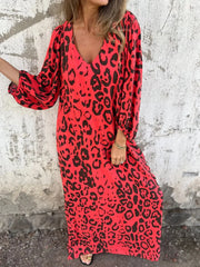 Full Size Printed V-Neck Dress with Pockets Plus Size Red / S