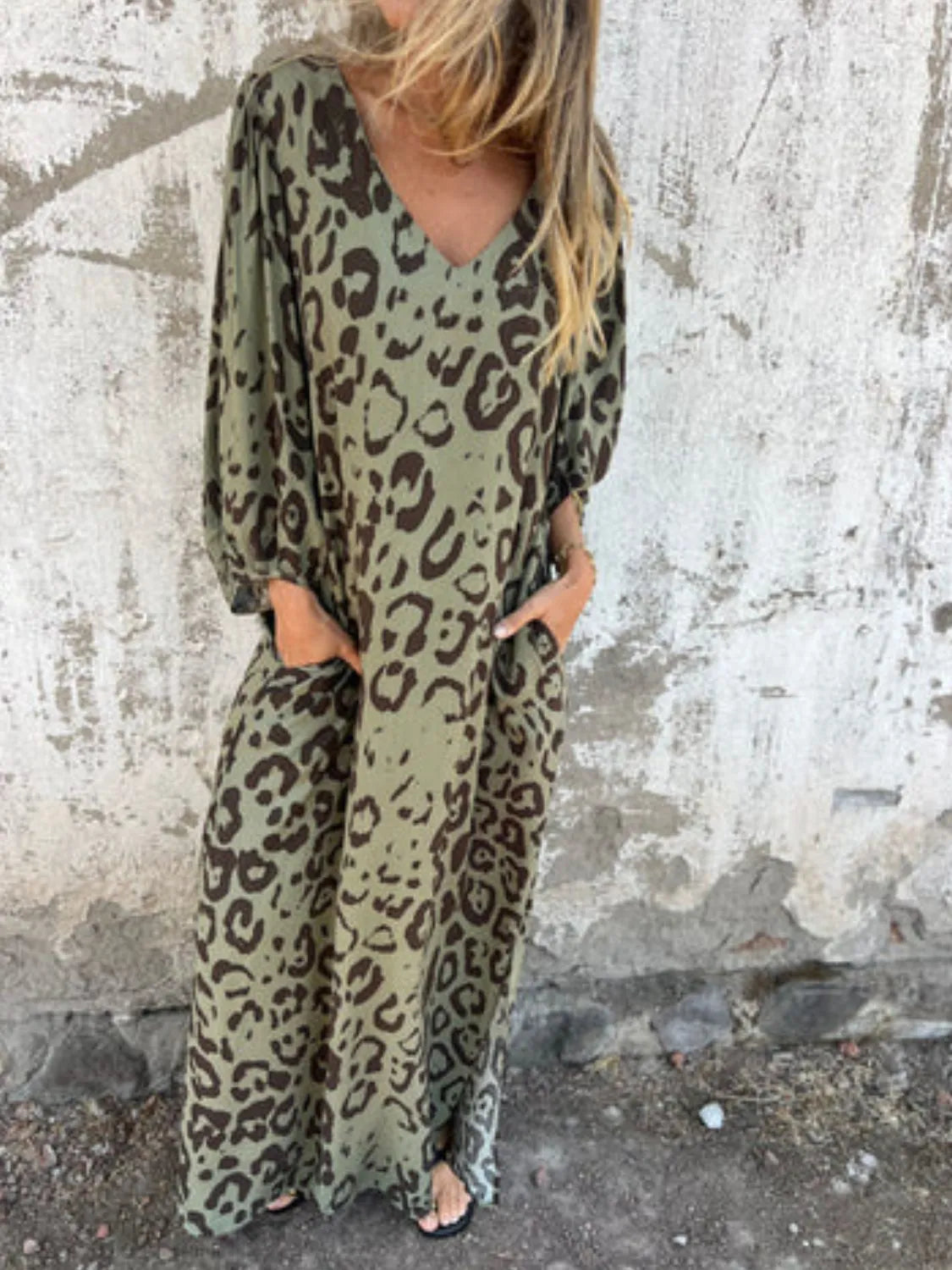 Full Size Printed V-Neck Dress with Pockets Plus Size Sage / S