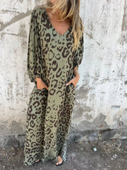 Full Size Printed V-Neck Dress with Pockets Plus Size Sage / S