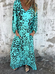 Full Size Printed V-Neck Dress with Pockets Plus Size Tiffany Blue / S