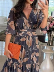 Full Size Printed V-Neck Maxi Dress with Tiered Hemline Plus Size