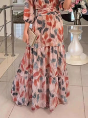 Full Size Printed V-Neck Maxi Dress with Tiered Hemline Plus Size