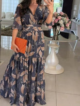 Full Size Printed V-Neck Maxi Dress with Tiered Hemline Plus Size Navy Blue / S