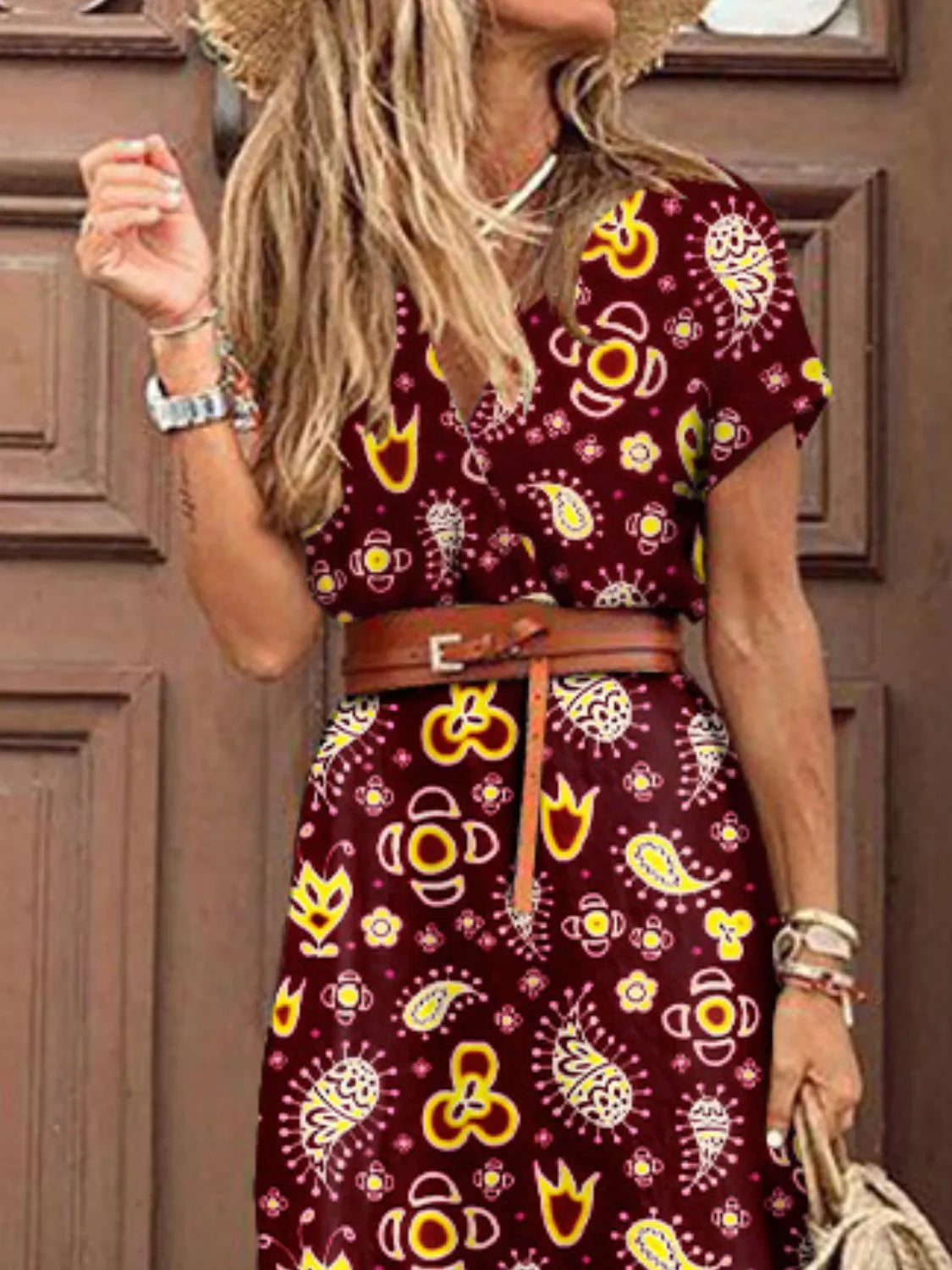 Full Size Printed V-Neck Short Sleeve Maxi Dress Plus Size