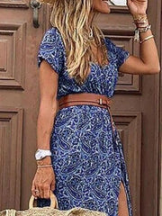 Full Size Printed V-Neck Short Sleeve Maxi Dress Plus Size