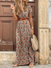 Full Size Printed V-Neck Short Sleeve Maxi Dress Plus Size Brown / S