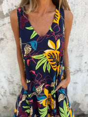 Full Size Printed V-Neck Sleeveless Dress Plus Size