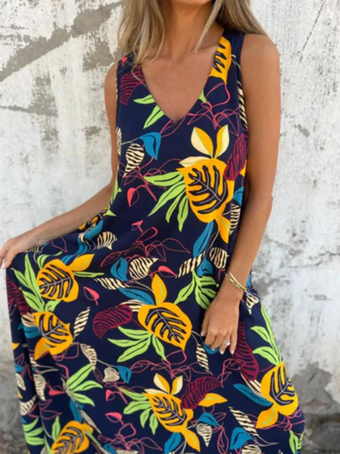 Full Size Printed V-Neck Sleeveless Dress Plus Size Dark Blue / S