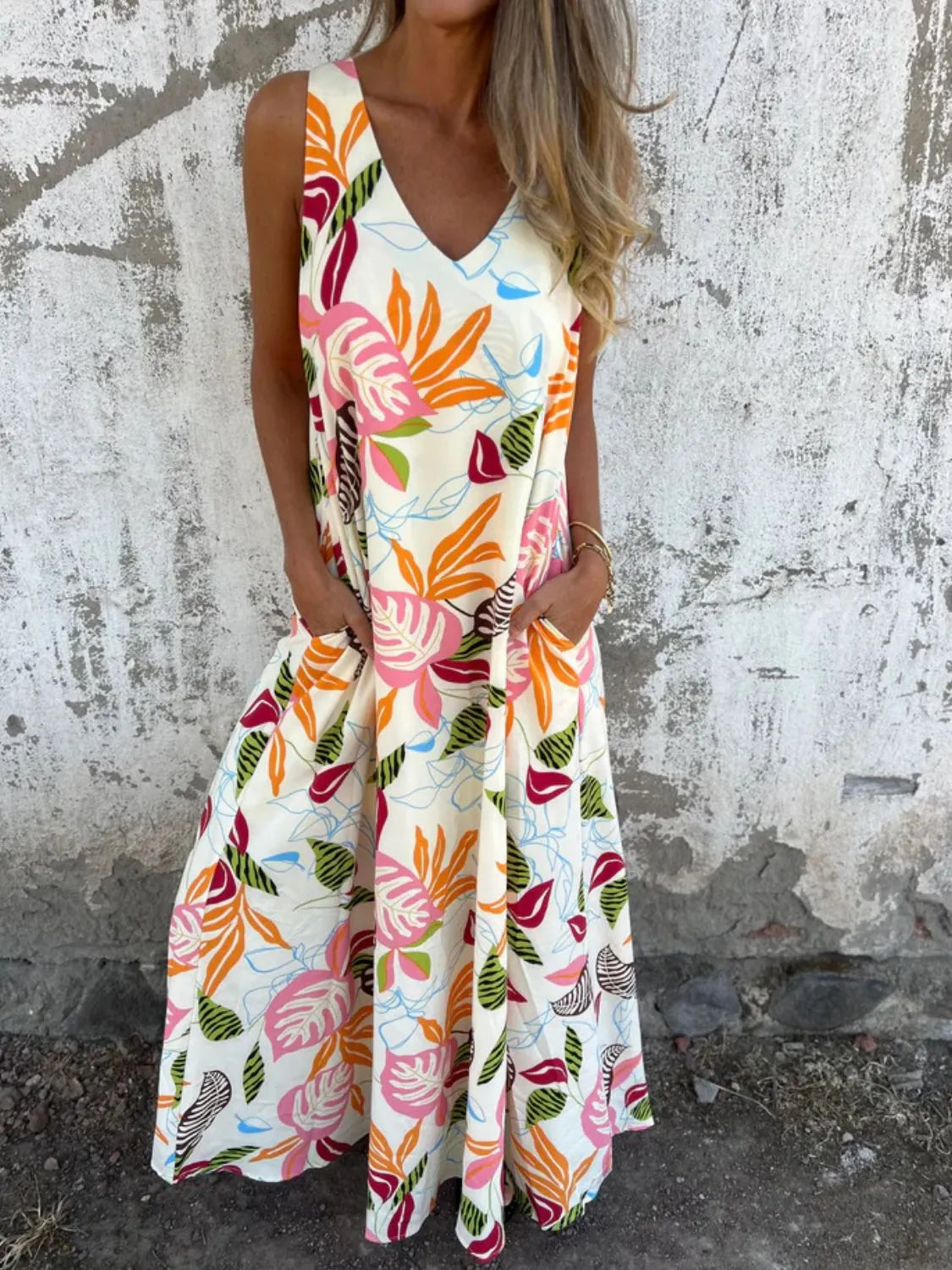 Full Size Printed V-Neck Sleeveless Dress Plus Size Tangerine / S