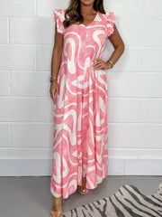 Full Size Printed Wide-Leg Jumpsuit with Flutter Sleeves Plus Size Pink / S