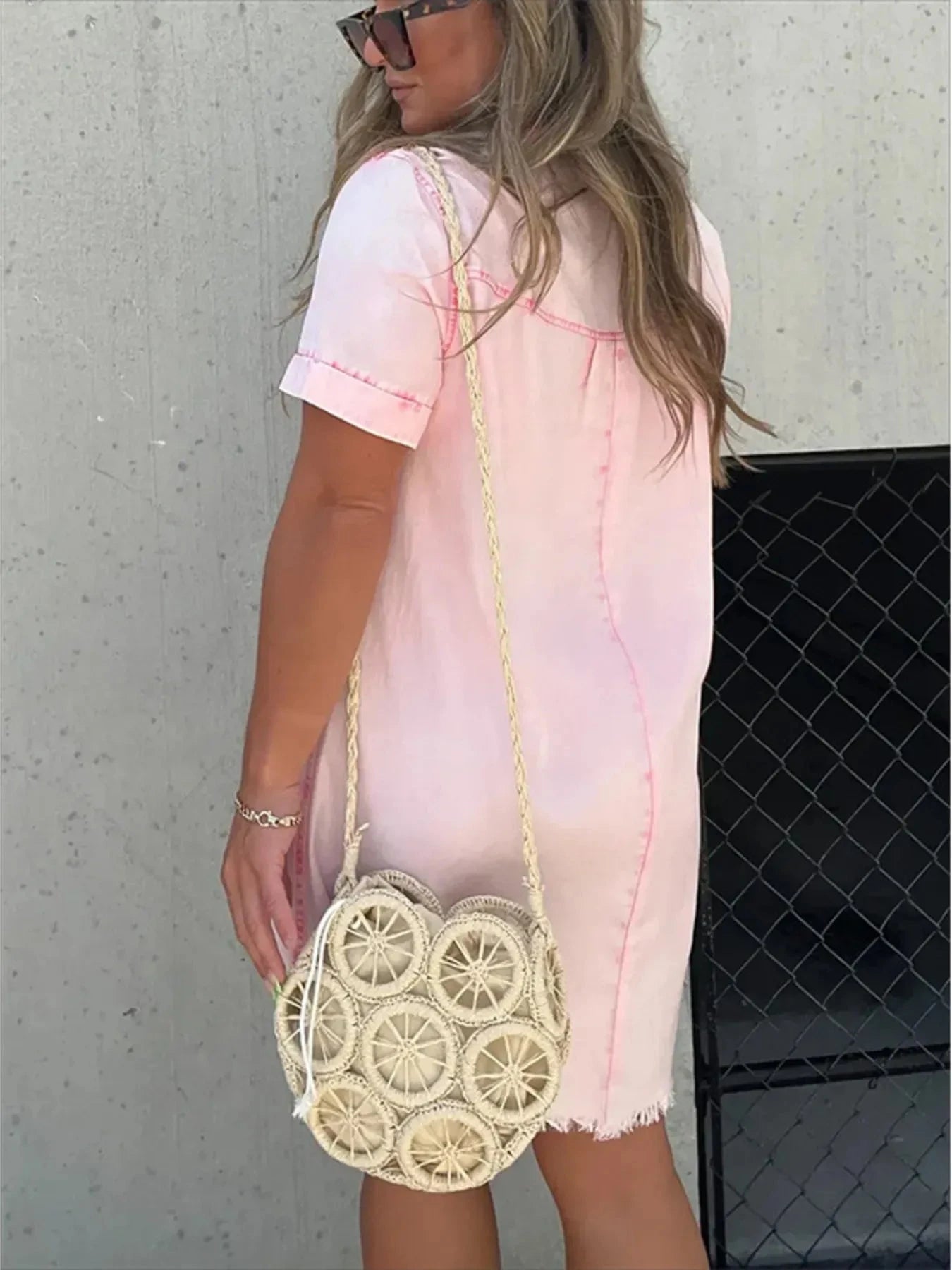 Full Size Raw Hem Short Sleeve Denim Dress Plus Size