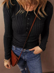 Full Size Ribbed Knit Button-Front Long Sleeve Top Plus Size