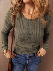 Full Size Ribbed Knit Button-Front Long Sleeve Top Plus Size