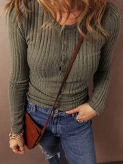 Full Size Ribbed Knit Button-Front Long Sleeve Top Plus Size