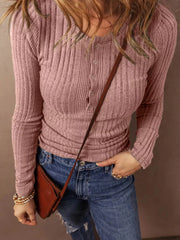 Full Size Ribbed Knit Button-Front Long Sleeve Top Plus Size
