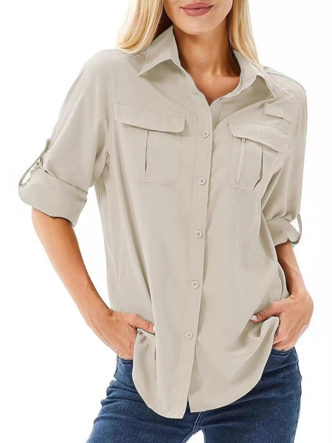 Full Size Roll-Up Sleeve Button Up Shirt Plus Size Apricot / XS